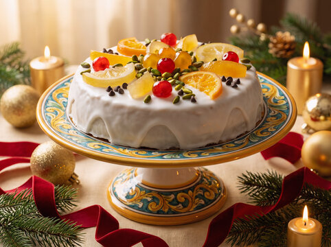 Luxury Sicilian Cassata Cake on Ornate Ceramic Stand with Festive Golden Christmas Decor