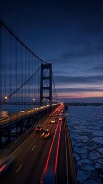 Scenic View of a Bridge at Dusk with Moving Vehicles and Ice on Water Beneath