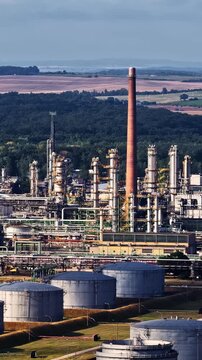 Aerial Panning View Industrial Factory Smoke Pollution Vertical