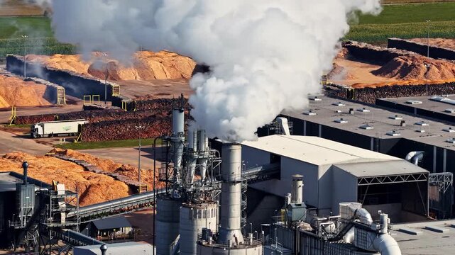 Aerial parallax view reveals a wood processing plant near Suwalki Poland with billowing steam stacks and large piles of stacked timber and wood chips