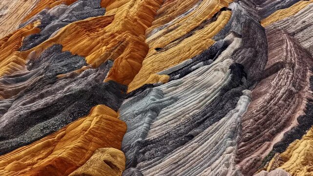 Aerial flyover reveals abstract striated rock strata in orange gray and black at Hambach open-pit lignite mine in Germany