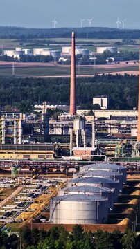 Aerial View Industrial Refinery Storage Tanks Chimneys Vertical Location, Site