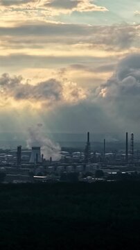 Aerial Dusky Sunset Industrial Pollution Over Cityscape Climate Change Vertical