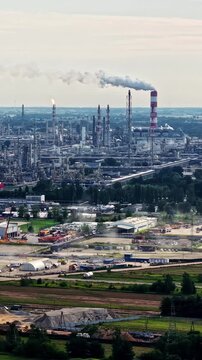 Aerial Smoking Chimney Industrial Site Pollution Smog Production Plant Vertical