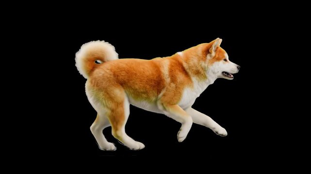 A realistic Shiba Inu dog running or trotting with agility isolated on a solid black background. Suitable for animal documentaries, pet app advertisements, cinematic dog promos, veterinary clinic bann