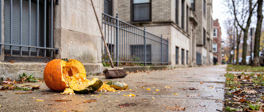 Smashed orange pumpkin with seeds and pulp scattered on concrete sidewalk next to a cleaning broom. Post-Halloween cleanup concept on a residential city street during autumn daylight