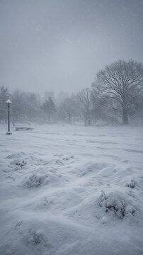 Snowy Winter Landscape With Heavy Snowfall And Blurred Trees In The Background