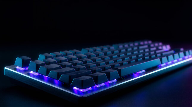 Gaming mechanical keyboard with glowing blue and purple RGB backlighting keycaps close up on dark desk background. Promotional ecommerce Cyber Monday marketing. Promotion with copy-space.