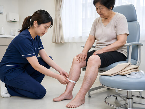 Vascular nurse measuring leg size before compression stocking fitting for older Asian woman