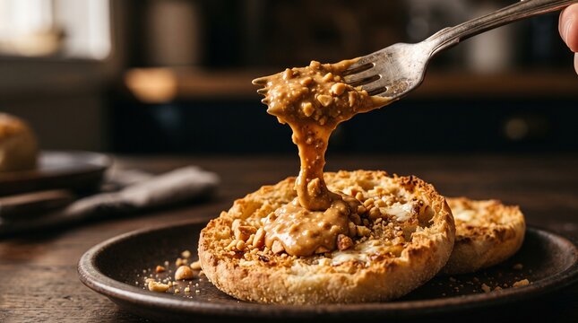 Creamy peanut butter with crunchy nut pieces generously spread on a toasted English muffin, a delicious breakfast treat