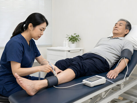 Vascular clinician performing ankle brachial index test on older Asian man in clinic
