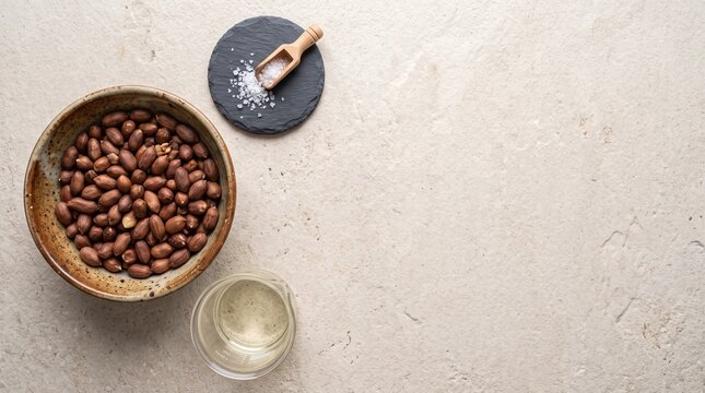 Raw peanuts in a bowl with salt and oil, ingredients for peanut butter, celebrating Peanut Butter Lovers Month