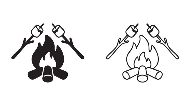 campfire with marshmallows icon set featuring roasting