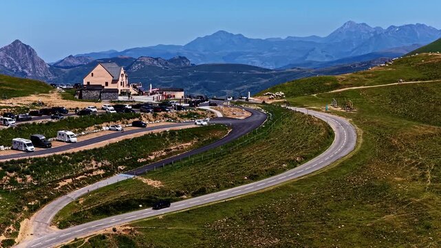 Winding mountain road at Col d'Aubisque, panoramic aerial view, scenic landscape