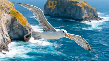 Fototapeta premium Albatross Gliding Graciously Above Remote Ocean Waves with Scenic Rocky Coastline