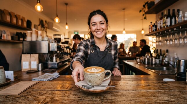 Friendly barista serves a beautiful latte art coffee on National Capuchino Day in a cozy cafe