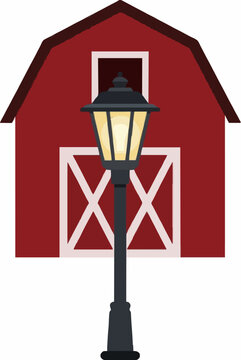 Hand-traced vector illustration of a glowing vintage porch lamppost standing in front of a classic red barn with white crossbuck doors, rural countryside scene, flat design icon style
