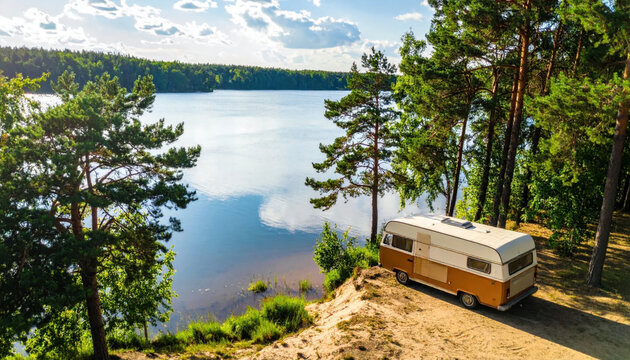 Lake forest caravan sandy shore scenic landscape sunlight summer