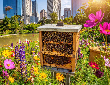 Urban bee hive in colorful rooftop garden with blooming wildflowers, pond, skyscraper skyline, and warm sunlight creating vibrant pollinator habitat scene