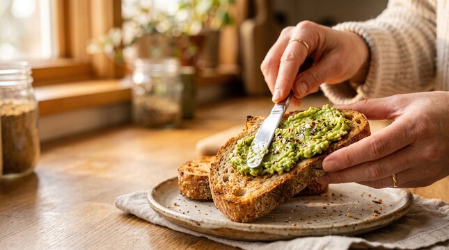 Person spreading mashed avocado on toasted sourdough bread with a knife, seasoned with chili flakes and salt
