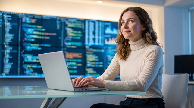 Young female software developer working on a laptop in front of a large screen with code in a modern office environment