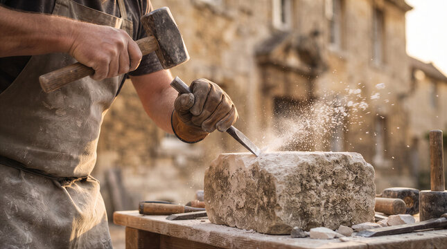 Stonemason carving a rough block of limestone with a hammer and chisel outdoors