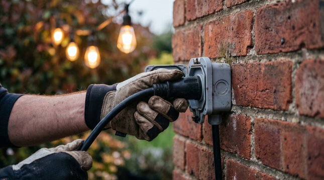 Closeup of a person wearing work gloves plugging an electrical cord into an outdoor wall socket on a brick wall
