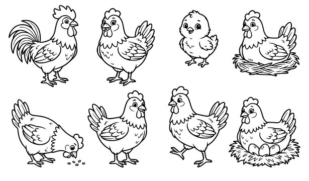Cute Cartoon Chicken Coloring Book Black Outline Vector Collection with Hen, Rooster, Chicks, Eggs, Walking, Sitting and Pecking Poses