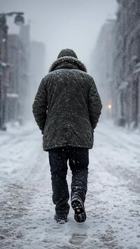 Solitary Figure Walking Through Snowy Urban Street During Heavy Snowfall