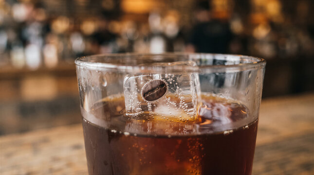 Closeup of a glass of iced cold brew coffee with a single coffee bean frozen inside a clear ice cube on a wooden bar counter