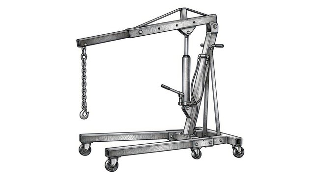 Clean Black and White of Mobile Vehicle Hoist on Wheels with Hook and Chain Mechanism with high quality professional line art symbols for modern creative design and digital branding projects