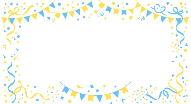 Festive party bunting border with blue and yellow confetti. Celebration frame with carnival flags. Birthday background vector.