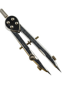A polished chrome drafting compass and vintage brass protractor isolated on a white background with sharp focus from macro photography. Concept of precision and engineering