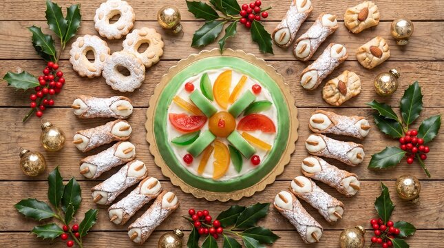 Overhead View of Italian Christmas Dessert Platter Featuring Cassata Cake and Cannoli