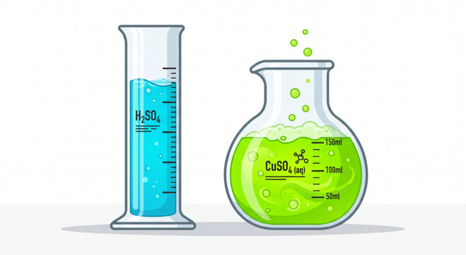 Chemical glassware with blue and green liquids in a science lab