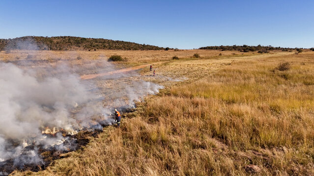 Aerial view of fire break controls with workers managing a controlled burn in the dry grasslands of Vaalwater, Limpopo, South Africa.