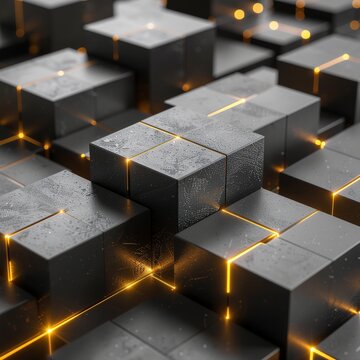 Isometric Matte Black Cubes Gold Circuits