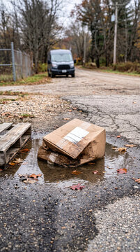 Damaged wet cardboard shipping box lying in water puddle on cracked asphalt road. Lost or destroyed package parcel delivery concept in rural autumn environment with blurred delivery van background