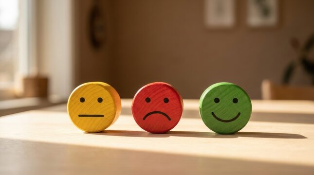 Yellow red and green wooden discs with neutral, sad and happy face emojis representing customer feedback and satisfaction rating concept