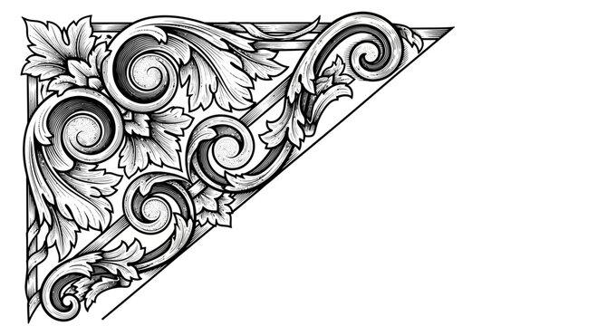 Detailed floral ornament with swirling leaves and volutes black and white
