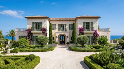 Fototapeta premium Stone coastal villa with green shutters and garden driveway