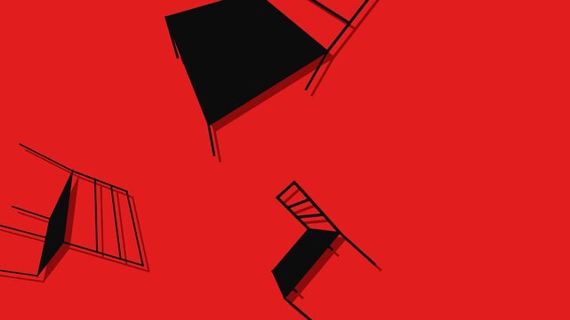 Abstract black chairs falling and rotating through bright red space in minimalist animation.