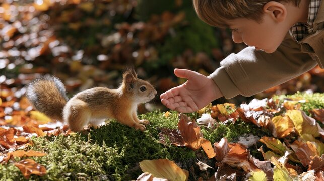 Child Gently Reaching Out to Squirrel in Woodland During Beautiful Autumn Moment