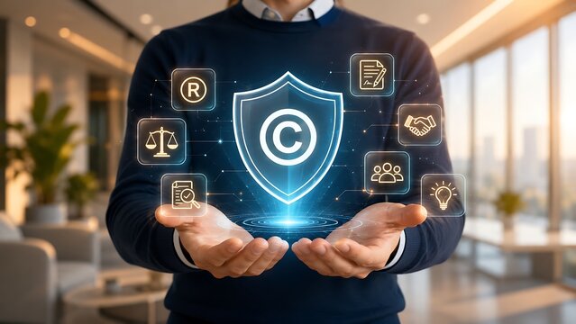 Person Holding Glowing Copyright Shield And Intellectual Property Icons
