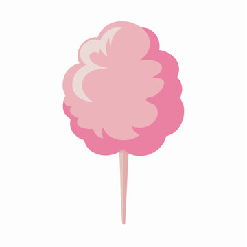 A flat vector illustration shows a fluffy pink cotton candy treat on a white stick.