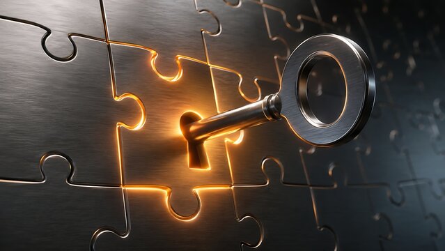 Silver Key Unlocking Glowing Jigsaw Puzzle Piece Business Solution Concept