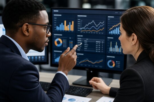 Financial analysis and data tracking professionals reviewing corporate reports for strategic planning and compliance auditing.