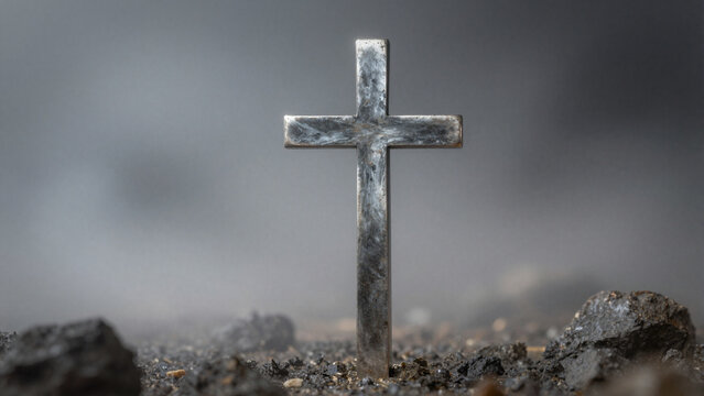 Simple metal cross standing upright on a rocky ground amidst a moody, foggy background