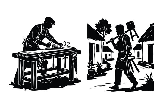 Carpentry workshop vector illustration featuring carpenter woodworking