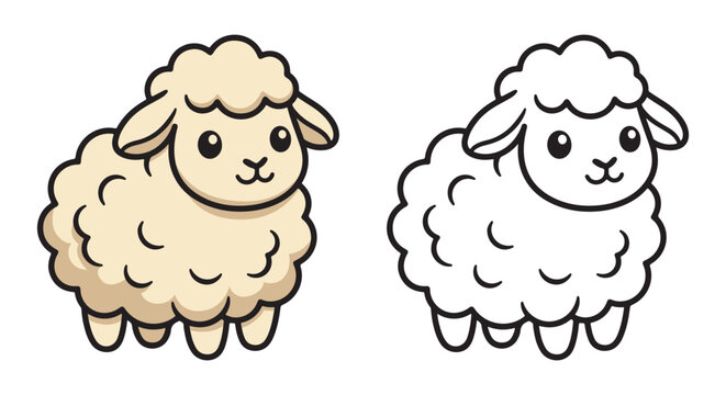 Cute sheep cartoon character and black line outline coloring page set, little lamb illustration isolated on white background for kids education book.